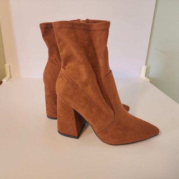 Womens Chunky Heel Pointed Toe Boots Vegan Leather Suede Winter Boot - Picture 4 of 8